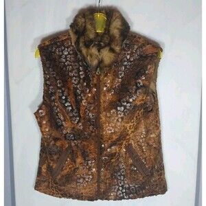 Vintage Baxis & Baxis Faux Suede/Fur Vest S Animal Print Full Zip Boho Chic 80s